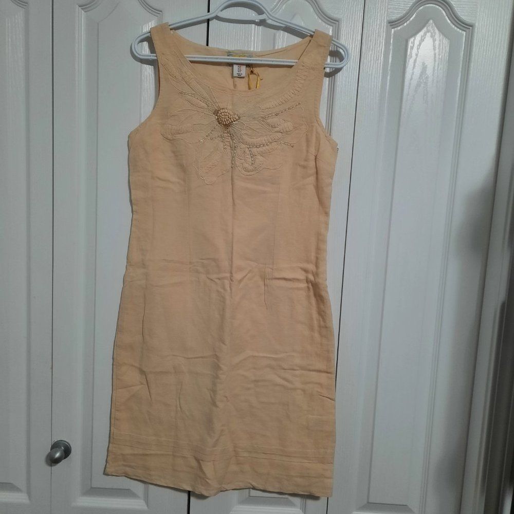 NWT H.O.G. Linen Cotton Sleeveless Vintage Cream Embellished Mini Dress Sz 8